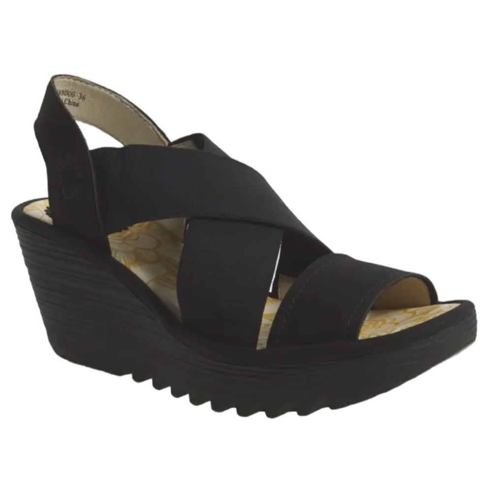 Fly London Black Wedge Sandals